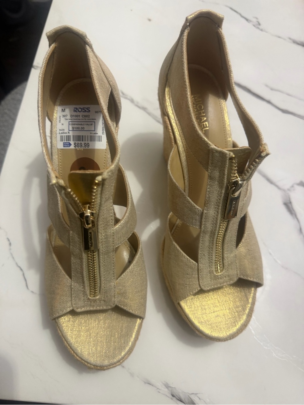 Michael Kors Metallic Gold Zip-Strap Peep-Toe Heels